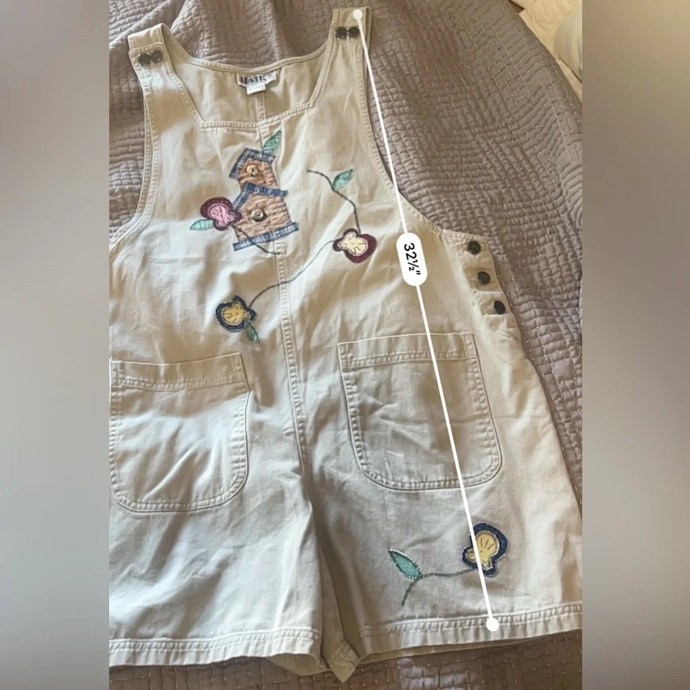 Vintage Haiks XL Patchwork Embroidered Bird House Floral Beige Overalls. - Picture 10 of 12